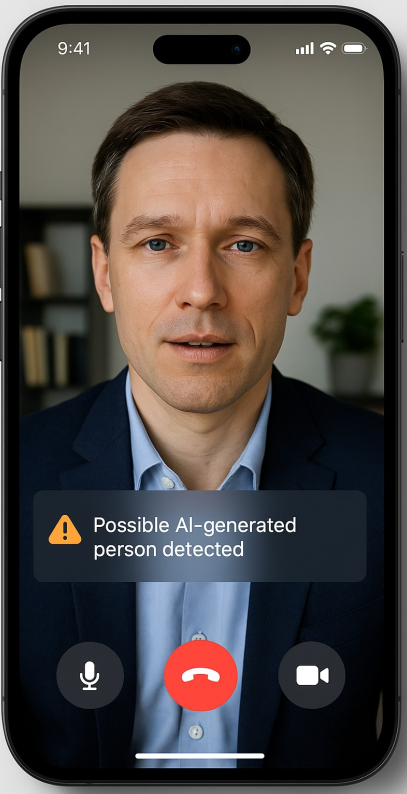 Detectra AI detecting an AI-generated person during a mobile video call